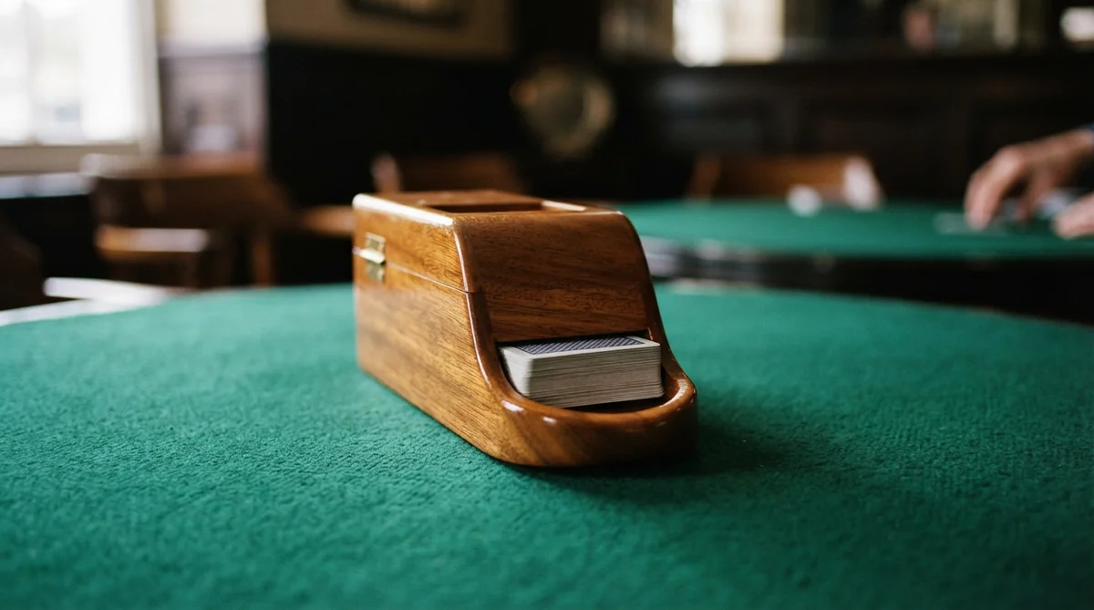 A polished wooden card shoe sits squarely on a deep green baize table