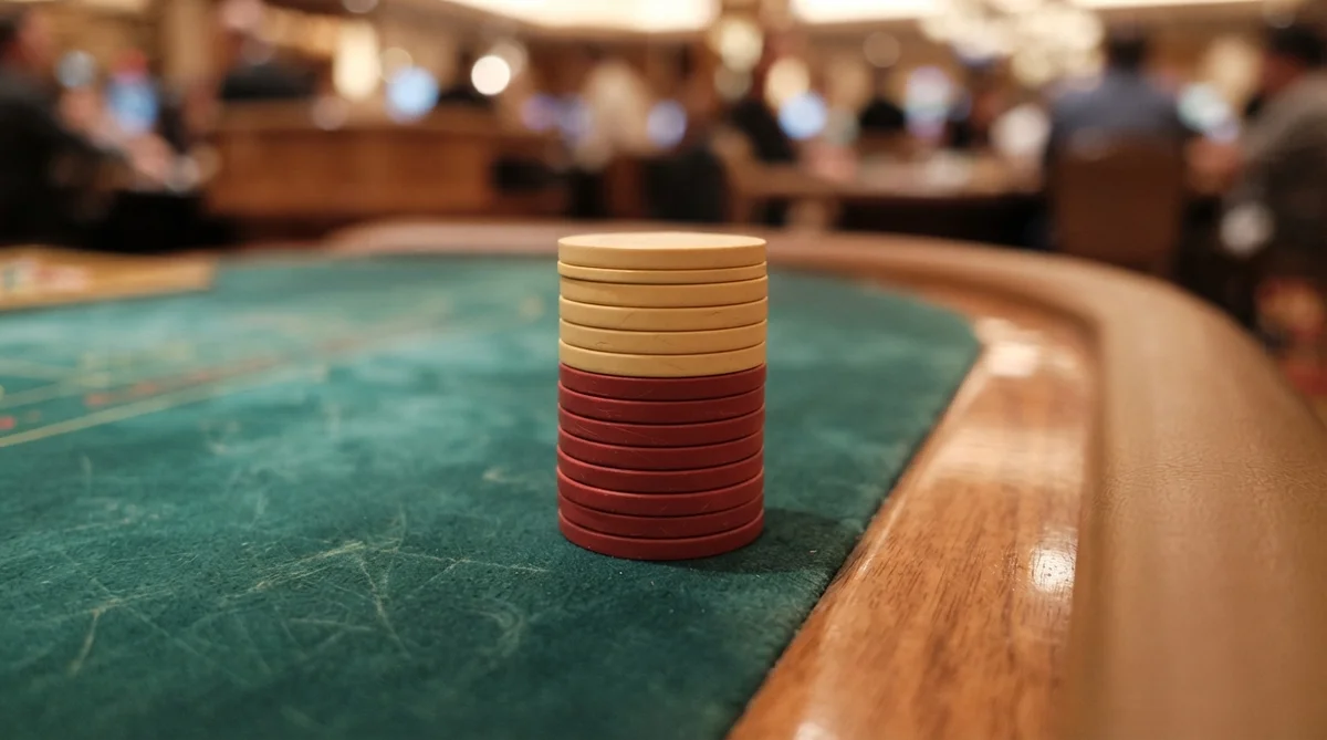 A shallow depth of field close-up photograph of a neat, short stack of plain casino chips precisely placed on deep green