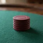 A pristine, small stack of plain deep-coloured betting chips rests on a clean deep green baize surface