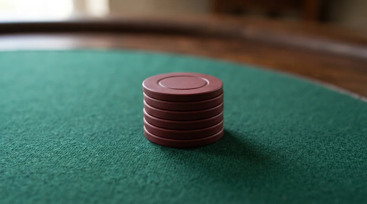 A pristine, small stack of plain deep-coloured betting chips rests on a clean deep green baize surface