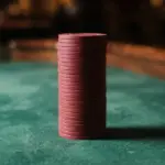 A perfectly aligned, tall stack of plain, deep-hued casino chips stands centered on deep green roulette baize