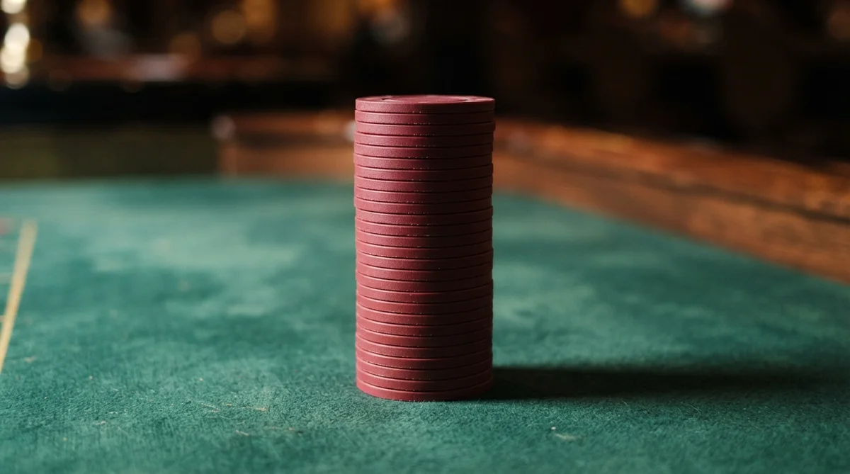 A perfectly aligned, tall stack of plain, deep-hued casino chips stands centered on deep green roulette baize