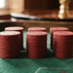 A calm, close-up photograph of several small, identical stacks of plain casino chips arranged precisely on deep green
