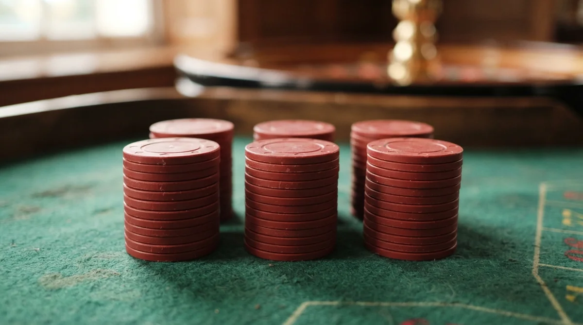 A calm, close-up photograph of several small, identical stacks of plain casino chips arranged precisely on deep green