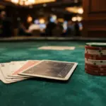 A close-up photograph features several poker cards, face-down and slightly fanned on a deep green baize poker table