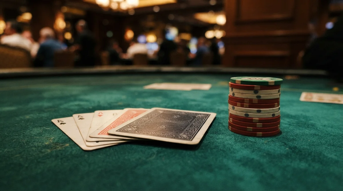 A close-up photograph features several poker cards, face-down and slightly fanned on a deep green baize poker table