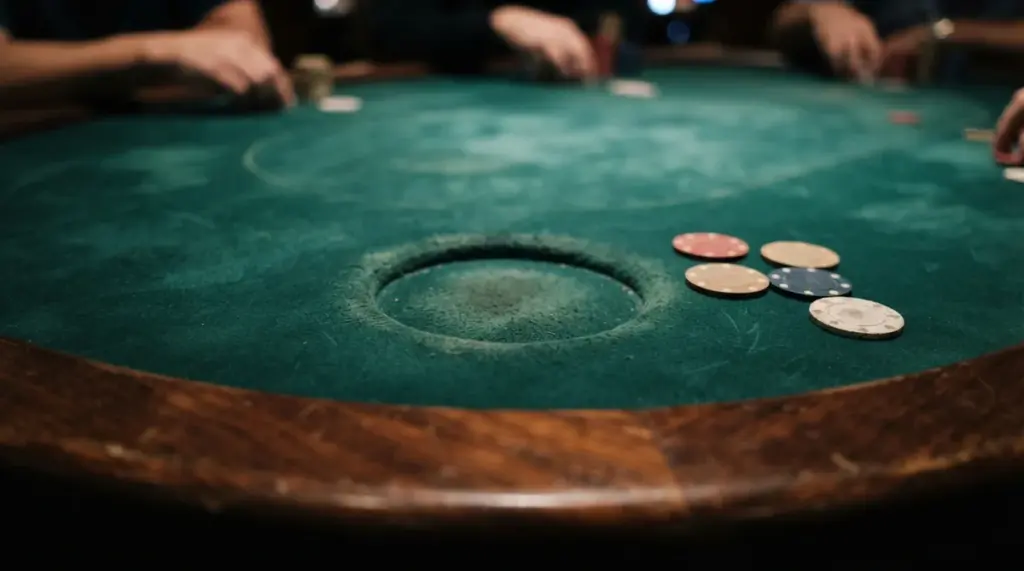 An empty, slightly worn circular impression in deep green baize, with a few plain casino chips scattered nearby