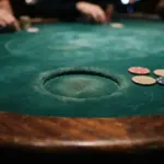 An empty, slightly worn circular impression in deep green baize, with a few plain casino chips scattered nearby