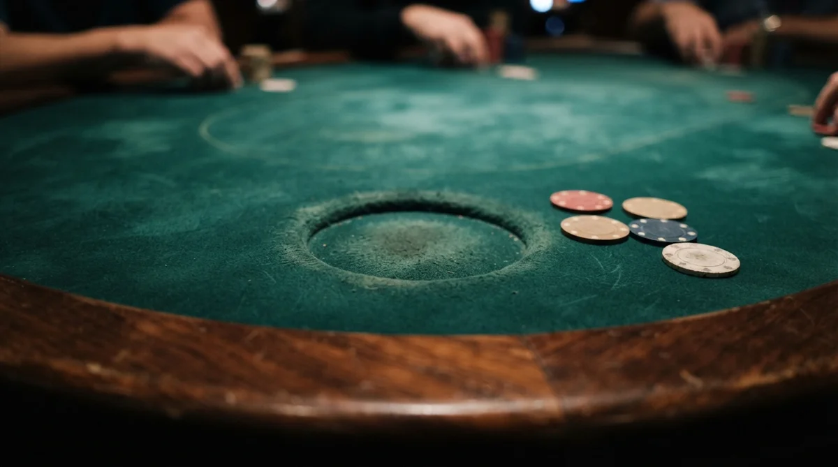 An empty, slightly worn circular impression in deep green baize, with a few plain casino chips scattered nearby