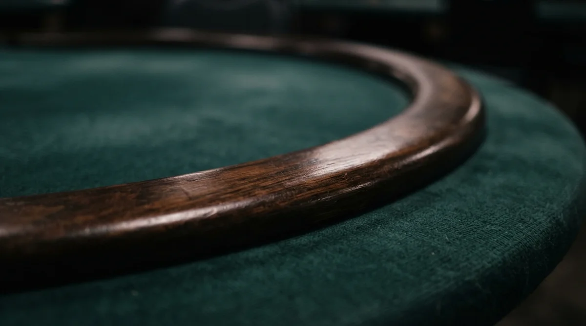 A close-up photograph of an empty dark wood poker table rail resting on deep green baize
